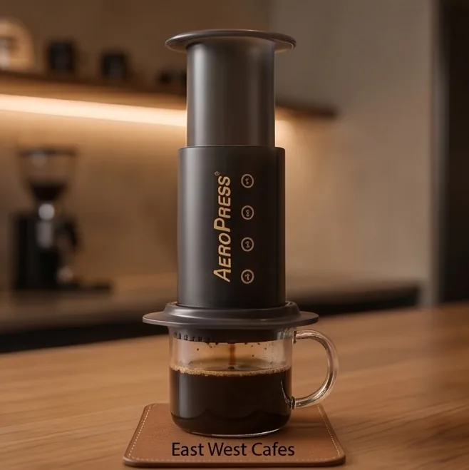 AeroPress coffee brewing setup at East West Cafes
