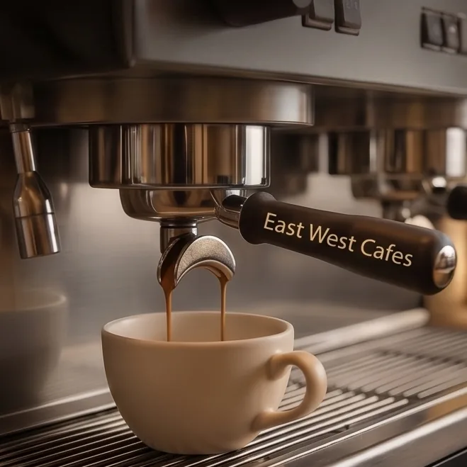 Espresso being pulled into a cup on an East West Cafes espresso machine