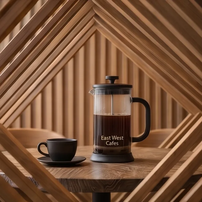 French press coffee with a cup on a wooden table at East West Cafes