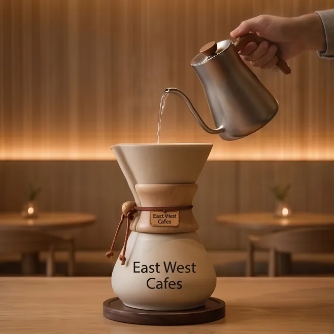 Pour-over coffee brewed with a gooseneck kettle at East West Cafes